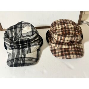 Duluth Trading Co Plaid Trapper Hat Set of 2 Fleece Lined Ear Flaps Mens Large